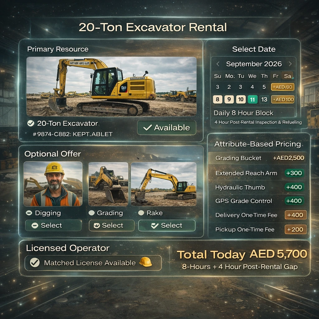 Heavy equipment rental with operator scheduling in Reservai