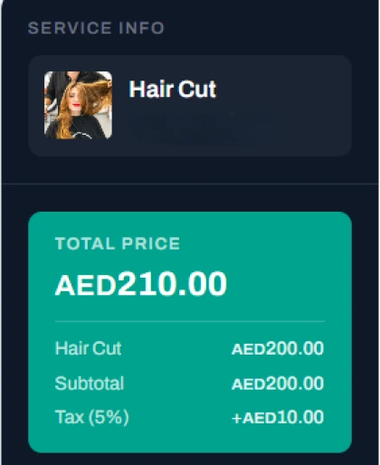 Booking summary showing the service and total price